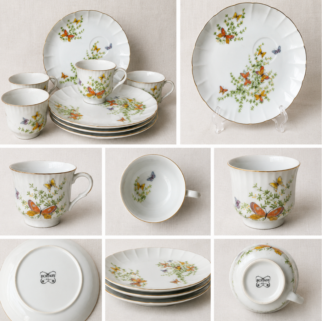 Vintage Ecstasy Butterfly Floral Cups & Dessert Tea Party Set of 8
