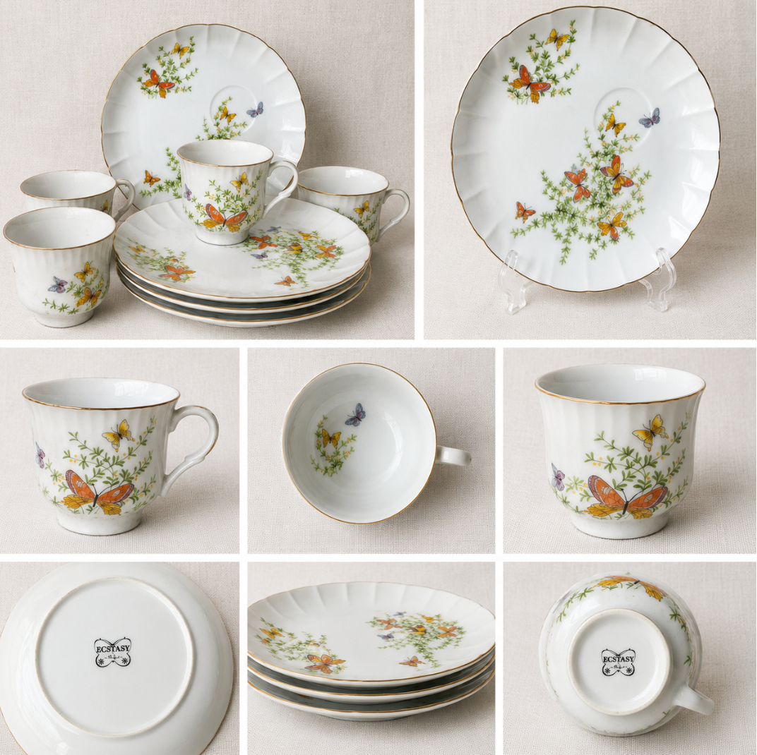 Vintage Ecstasy Butterfly Floral Cups & Dessert Tea Party Set of 8