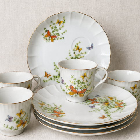 Vintage Ecstasy Butterfly Floral Cups & Dessert Tea Party Set of 8