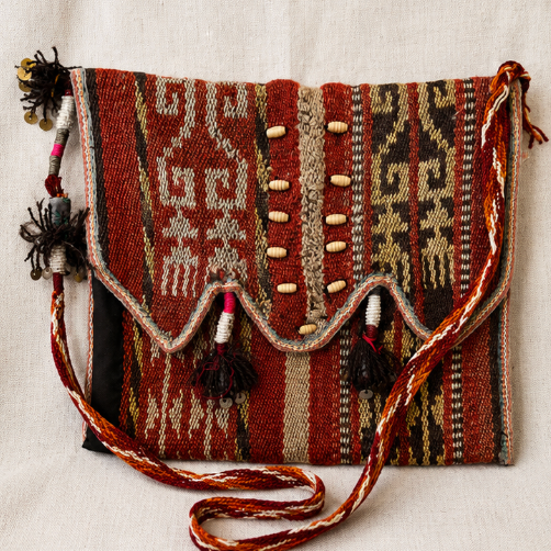 Vintage Handwoven Tribal Textile Crossbody Bag – Artisan Boho Shoulder Purse with Tassels & Coin Details