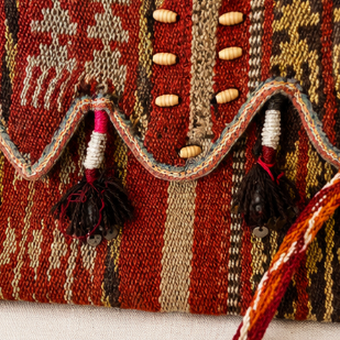 Vintage Handwoven Tribal Textile Crossbody Bag – Artisan Boho Shoulder Purse with Tassels & Coin Details